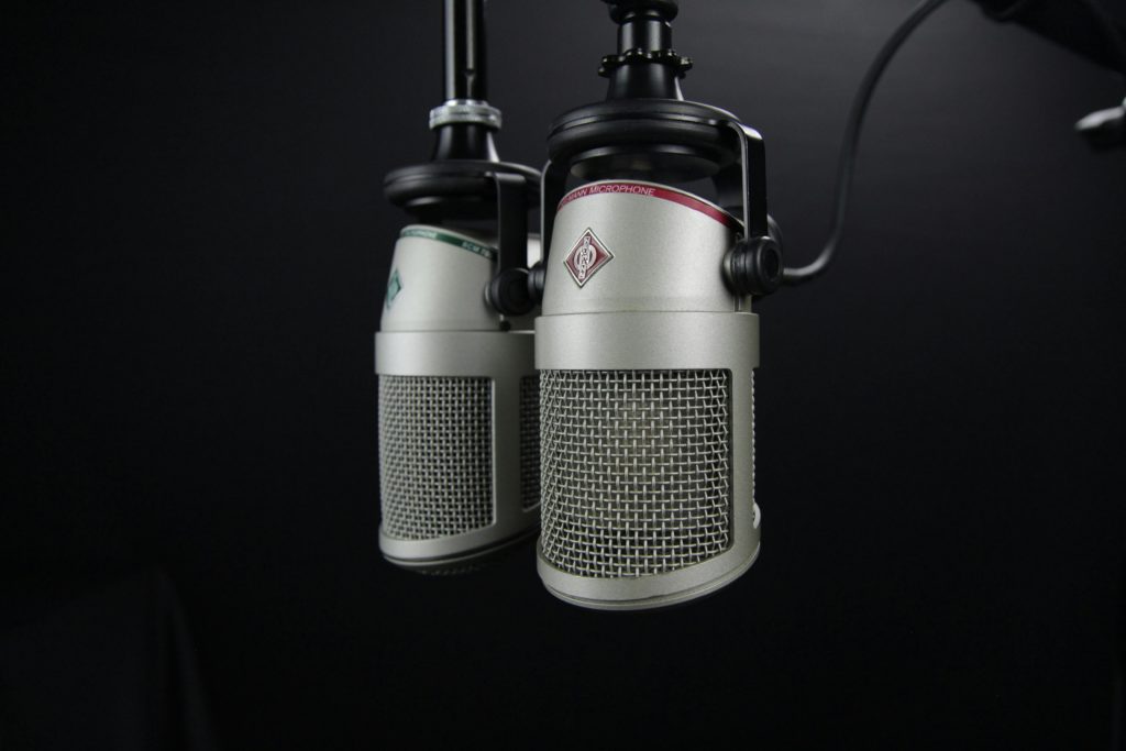 Two gray condenser microphones